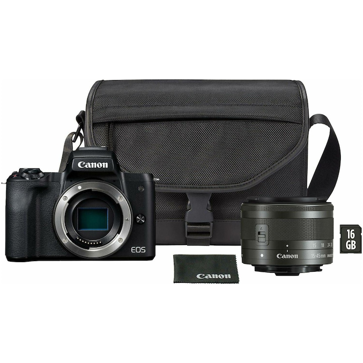 Фотоапарат Мirrorless Canon EOS-M50 Mark II, 24.1 MP, 4K, Wi-Fi, Черен + Обектив 15-45 мм + Чанта + Карта памет 16GB
