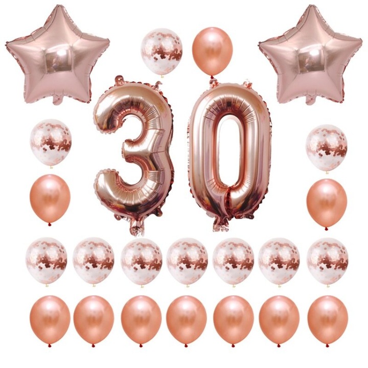 Комплект 24 балона за рожден ден, It's Party Time, 30 години, цвят розово злато