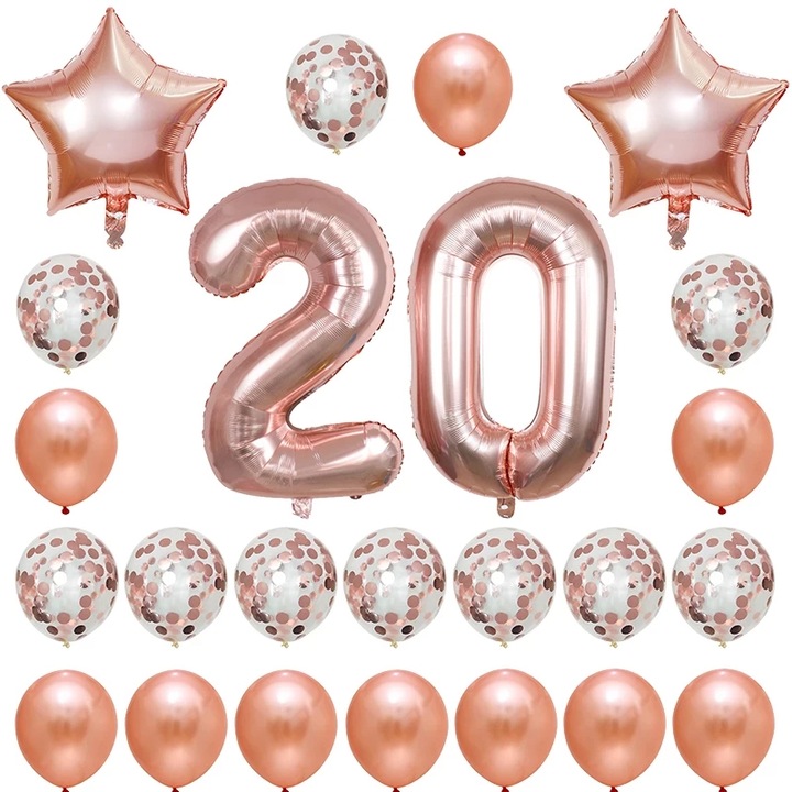 Комплект 24 балона за рожден ден, It's Party Time, 20 години, цвят розово злато