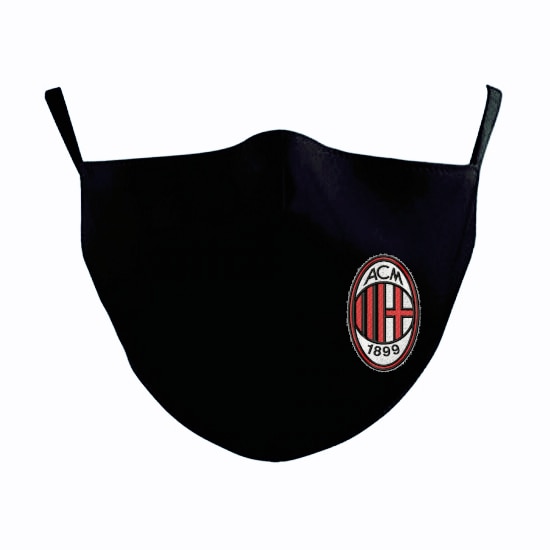 Set 2 Masti de Protectie din Bumbac 100%, Personalizate prin Broderie cu AC Milan, Reutilizabile, 2 straturi, Magic Mirror Fashion®, Negru