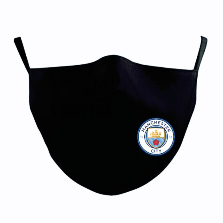 Комплект от 2 защитни маски от 100% памук, персонализирани с бродерия на Manchester City, за многократна употреба, 2 слоя, Magic Mirror Fashion®, черни