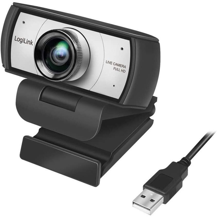 CAMERA WEB LOGILINK senzor. 1080p Full-HD cu rezolutie video 1920x1080; unghi vizualizare 120grade, pivotare 90grade, rotatie 180grade, microfon dual, cablu 1.6m, "UA0377" (timbru verde 0.18 lei)