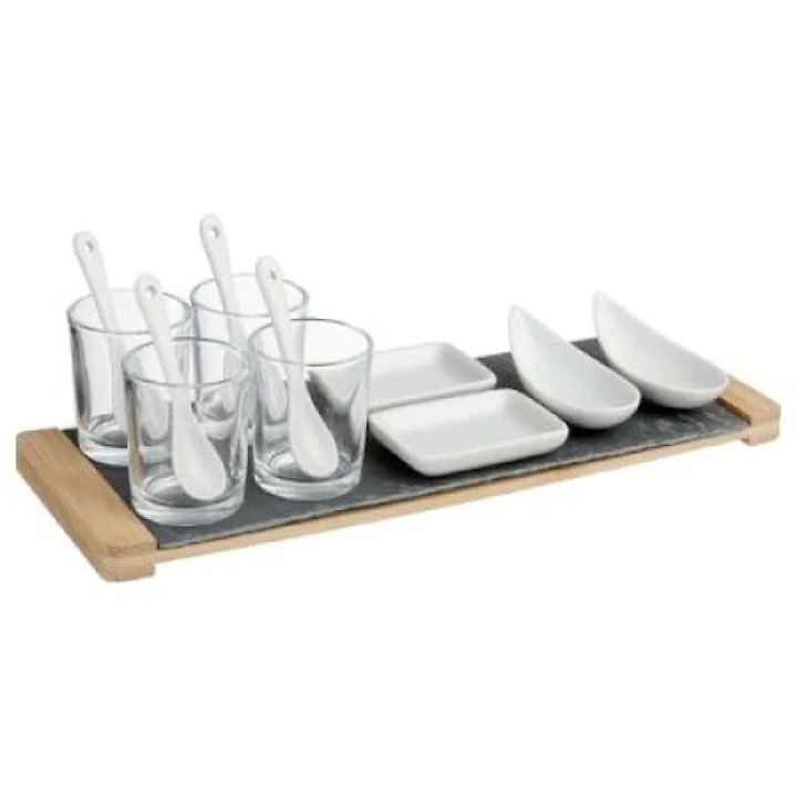 Set 13 piese pentru servire aperitive, pe suport din lemn de bambus si ardezie, Secret de Gourmet