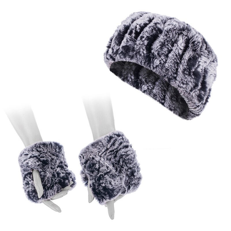 Set Caciula si manusi de piele naturala, Rossi, IN03BLSN, Gri/Negru