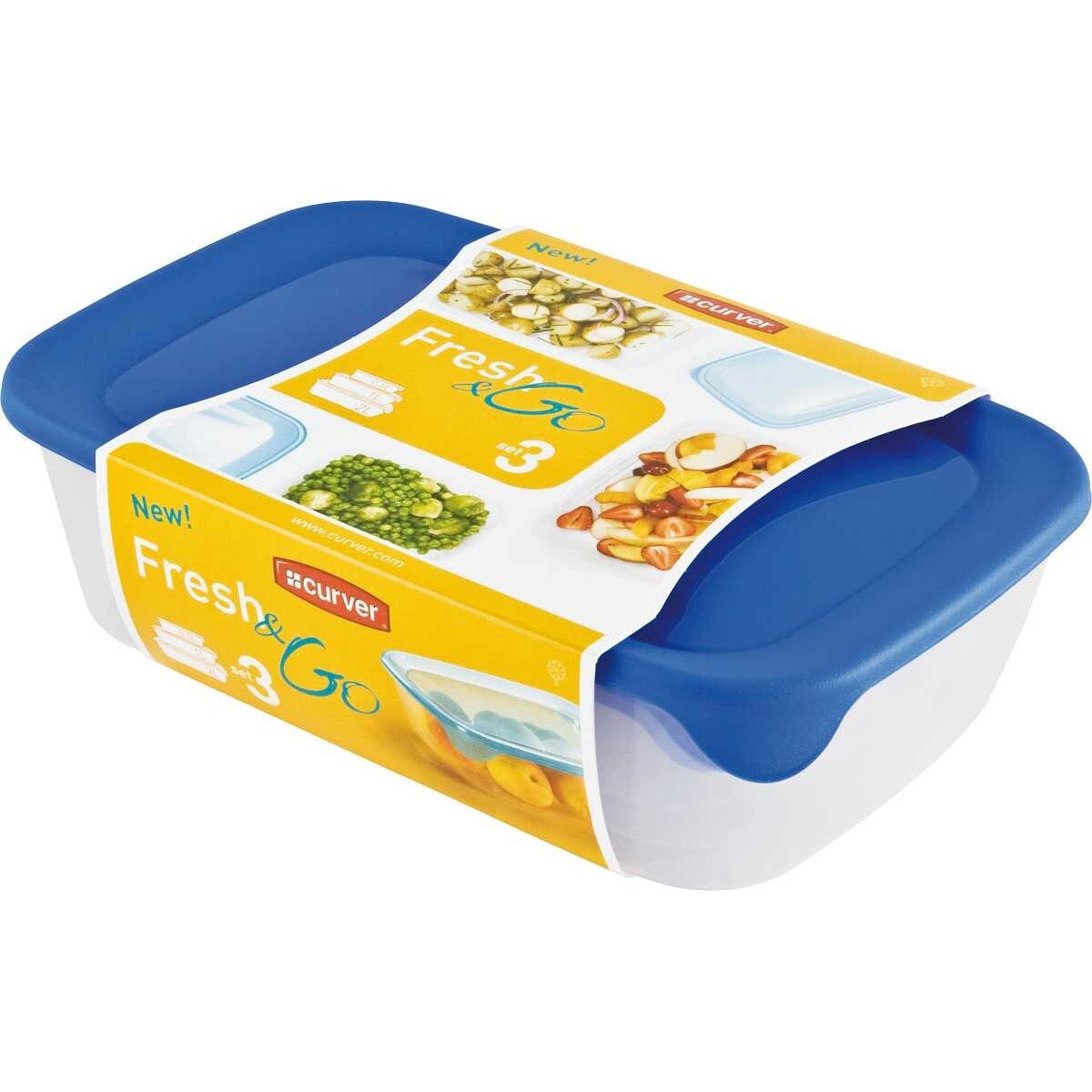 Set 3 cutii alimente FRESH&GO 0,5L+1L+2L, dreptunghiulare, Transparent/Albastru