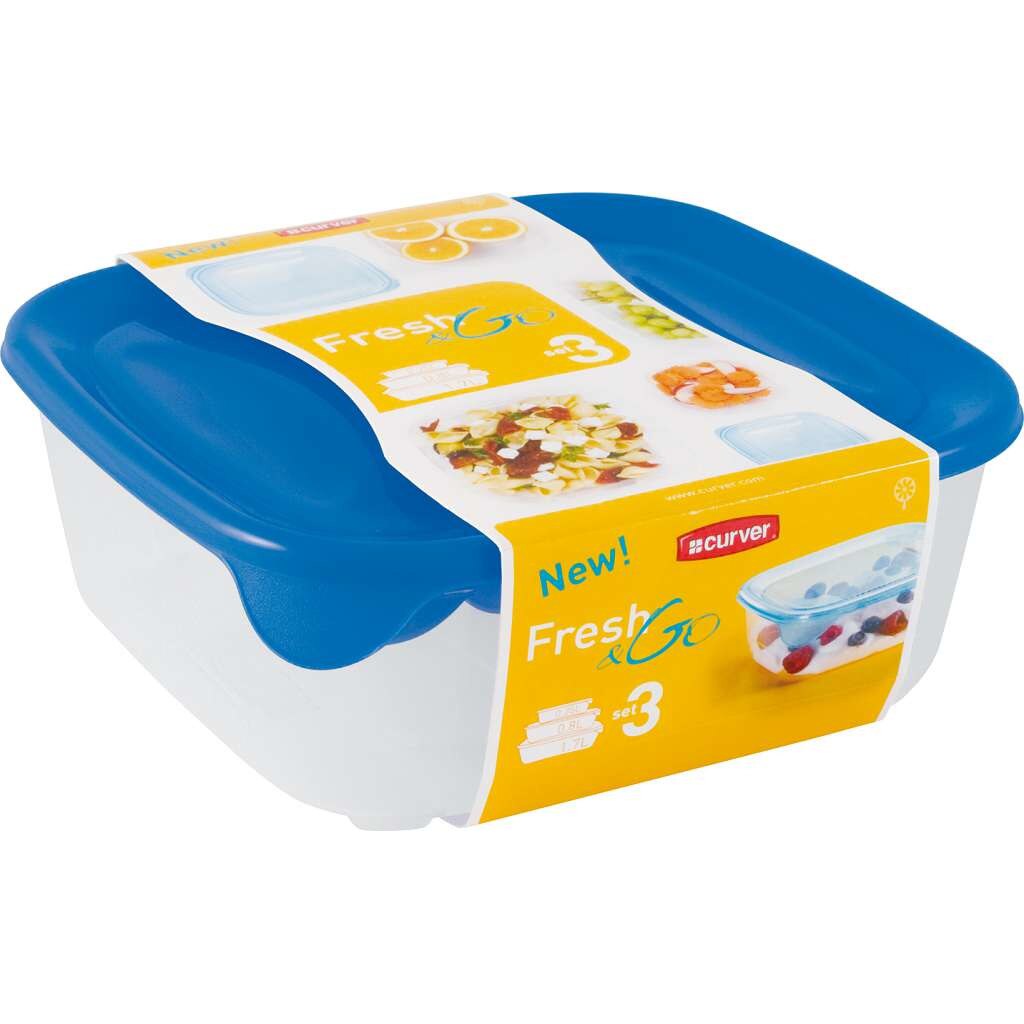 Set 3 cutii alimente patrate FRESH&GO 0,25L + 0,8L + 1,7L, capac albastru