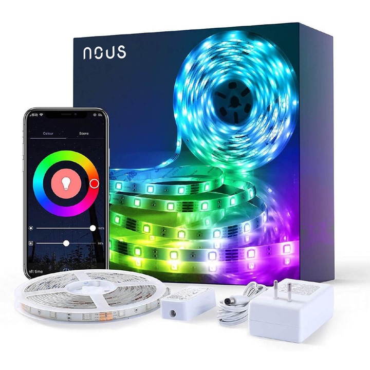 Banda LED RGB inteligenta Nous F2, Wi-Fi, comanda vocala, senzor sincronizare muzica, 24W, 1700 lm, lumina colorata, 10m, compatibil Google Assistant, amazon alexa