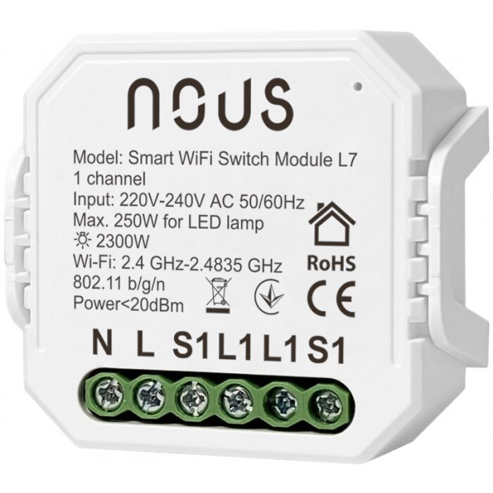 Releu inteligent Nous L7, Wi-Fi, 1 canal, 220-240V AC, IP20, compatibil Google Assistant, amazon alexa
