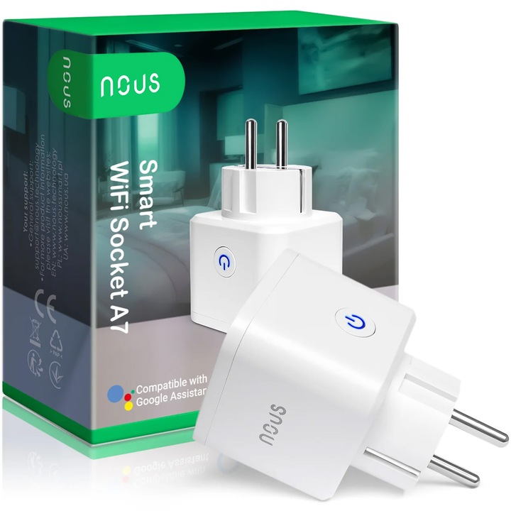 Интелигентен контакт Nous A7, Wi-Fi, 16 A/3680W, Защита от пренапрежение, Гласов контрол, Съвместим с Google Assistant, Аmazon Аlexa