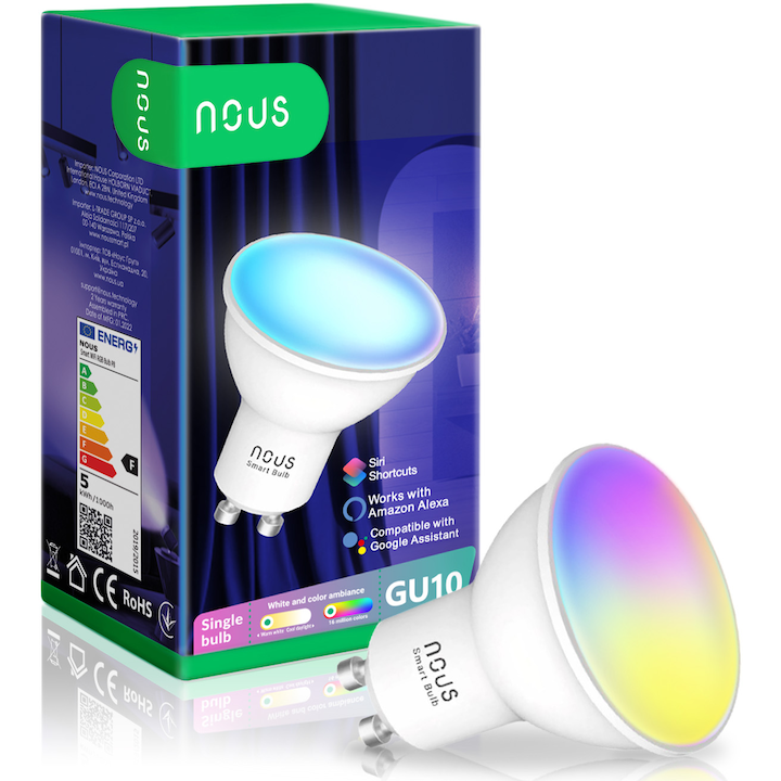Bec LED RGBW inteligent Nous P8, Wi-Fi, GU10, 4.5W, 350 lm, lumina alba si colorata, control vocal, compatibil Google Assistant, amazon alexa , clasa energetica F