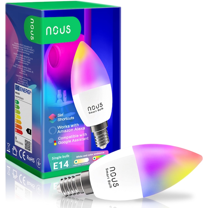 Bec LED RGB inteligent Nous P4, Wi-Fi, E14, 4.5W, 380 lm, lumina alba si colorata, control vocal, compatibil Google Assistant, amazon alexa , clasa energetica F