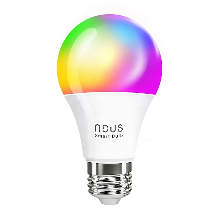 Bec LED RGB inteligent Nous P3, Wi-Fi, E27, 9W, 810 lm, lumina alba si colorata, control vocal, compatibil Google Assistant, amazon alexa , clasa energetica F