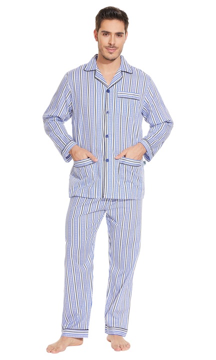 Pijama Barbati Global Clasica, dunga Albastra, Alb/Albastru