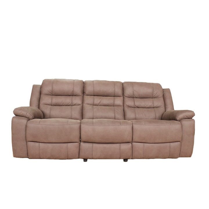 Canapea 3 locuri Adaline Brown, Mobila Domnel, cu 2 reclinere manuale, Stofa poliester 100% Nubuck, 215x90 cm