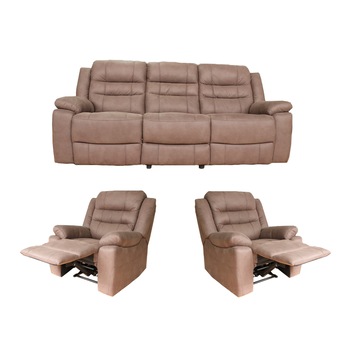 Set Adaline Brown, Mobila Domnel, canapea 3 loc cu 2 reclinere manuale si 2 fotolii cu reclinere manuale, Stofa poliester 100% Nubuck, water repellent Set Adaline Brown, Mobila Domnel, canapea 3 loc cu 2 reclinere manuale si 2 fotolii cu reclinere manuale, Stofa poliester 100% Nubuck, water repellent