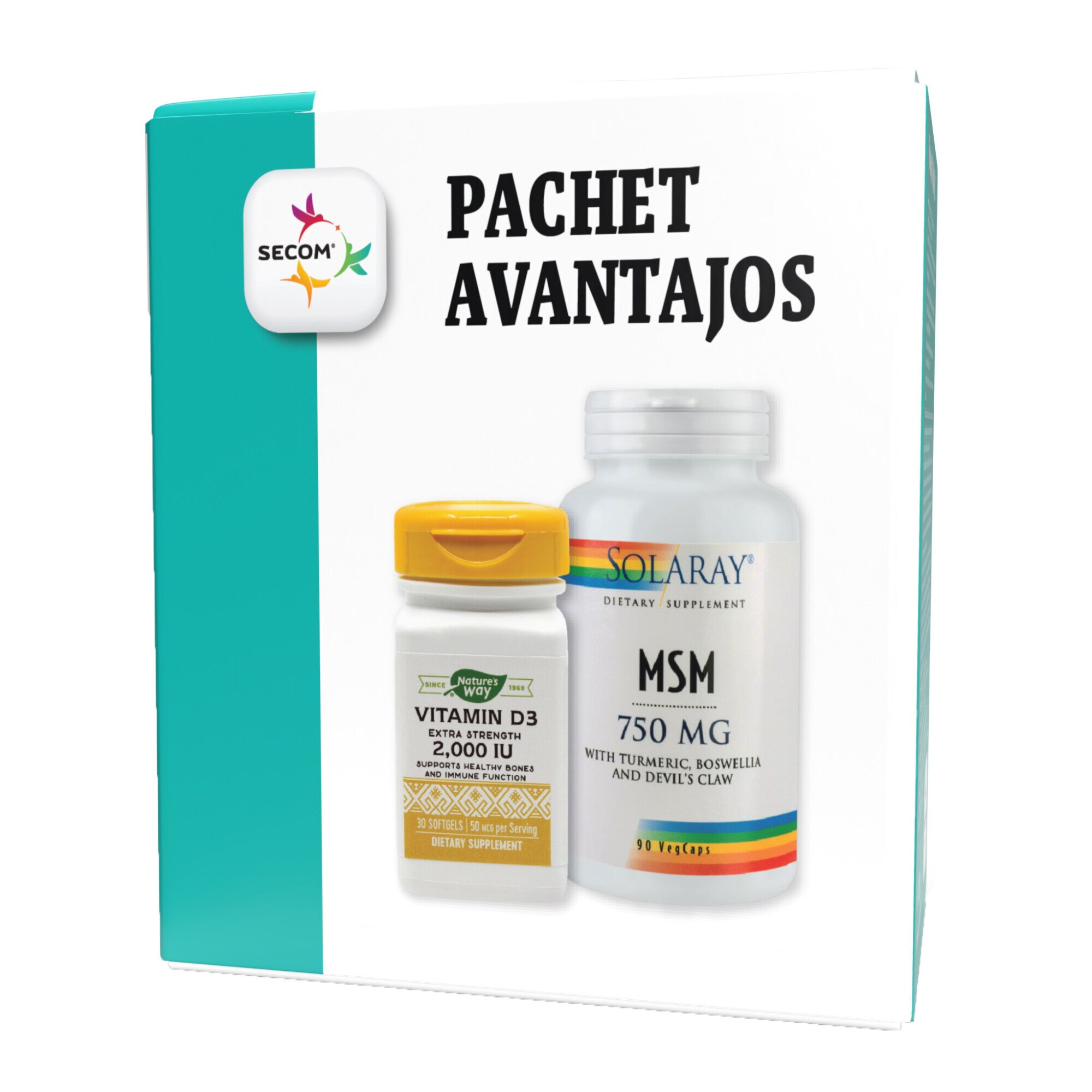 Pachet MSM 750mg, 90 capsule + Vitamin D3, 30 capsule, Secom