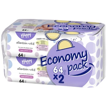 Servetele umede cu vit E si alantoina Happy Allantoin&vit.E, 2 pachete x 64, 128 buc Servetele umede cu vit E si alantoina Happy Allantoin&vit.E, 2 pachete x 64, 128 buc