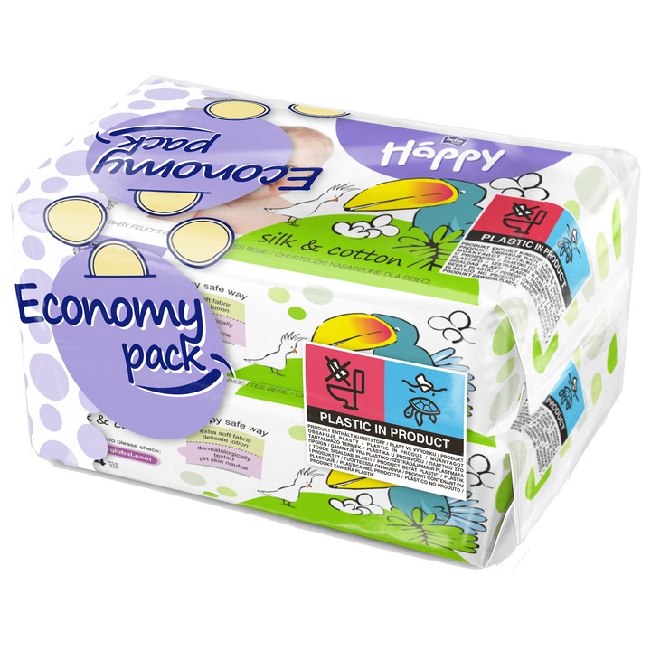 Servetele umede bumbac si matase Happy Silk&Cotton, 2 pachete x 64, 128 buc