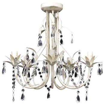 Candelabru cu cristale cu 5 baze de bec, vidaXL, Metal, 46 x 42.5 cm, Alb Candelabru cu cristale cu 5 baze de bec, vidaXL, Metal, 46 x 42.5 cm, Alb