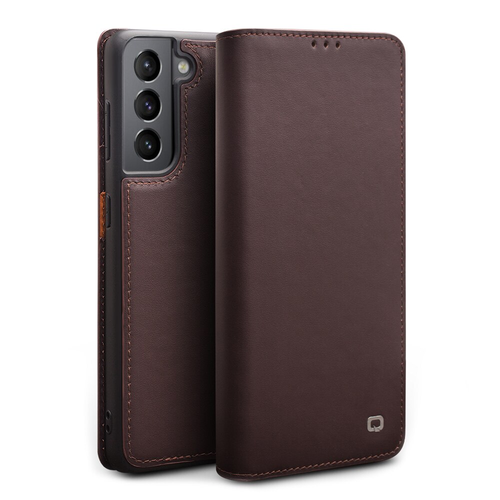 Husa pentru Samsung Galaxy S21 Plus din piele naturala, tip carte, cu buzunare carduri - Qialino Business, Maro coffee