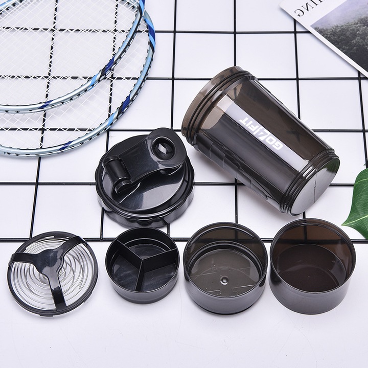 Shaker GO4FIT, din plastic fara BPA, 600 ml pentru prepararea bauturilor proteice, negru