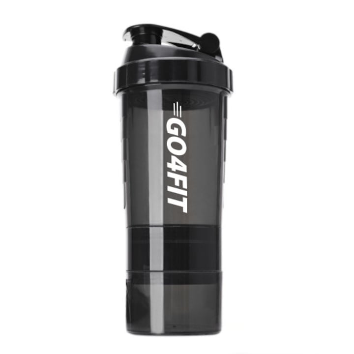 Shaker GO4FIT, din plastic fara BPA, 600 ml pentru prepararea bauturilor proteice, negru