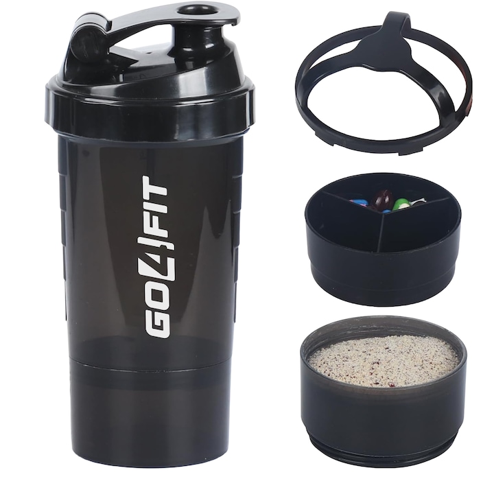 Shaker GO4FIT, din plastic fara BPA, 600 ml pentru prepararea bauturilor proteice, negru