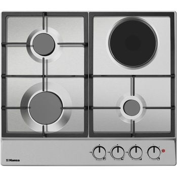 Plita incorporabila Hansa BHMI610302, Mixta, 3 arzatoare gaz, 1 arzator electric, Aprindere electrica, 60 cm, Inox Plita incorporabila Hansa BHMI610302, Mixta, 3 arzatoare gaz, 1 arzator electric, Aprindere electrica, 60 cm, Inox