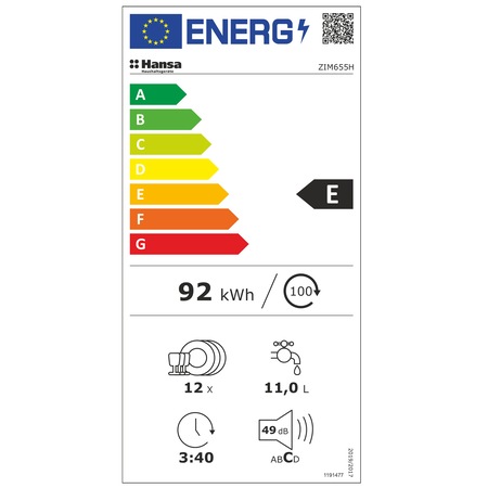 Masina de spalat vase incorporabila Hansa ZIM655H, 12 seturi, 5 programe, Clasa E, 60 cm, Alb