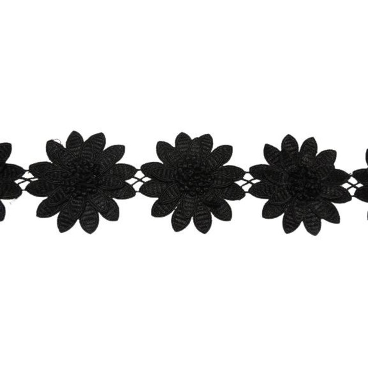 Panglica textila decorativa, poliester 100%, flori crosetate negre, 1m x 9cm