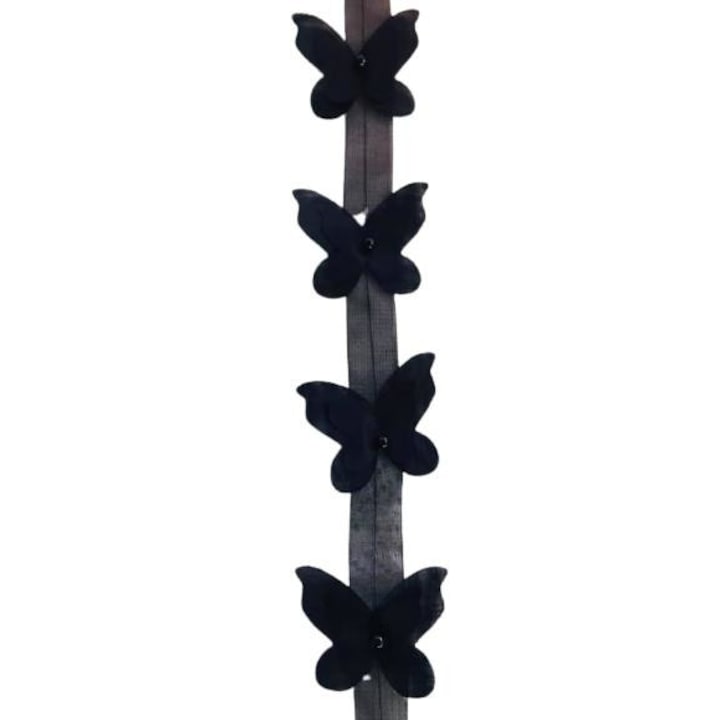 Panglica textila decorativa poliester, fluturi negrii, 1 m x 5 cm