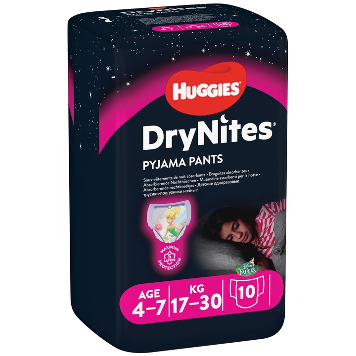 Scutece chilotel pentru noapte Huggies DryNites 4-7 yrs, Girl, 17-30 kg, 10 buc