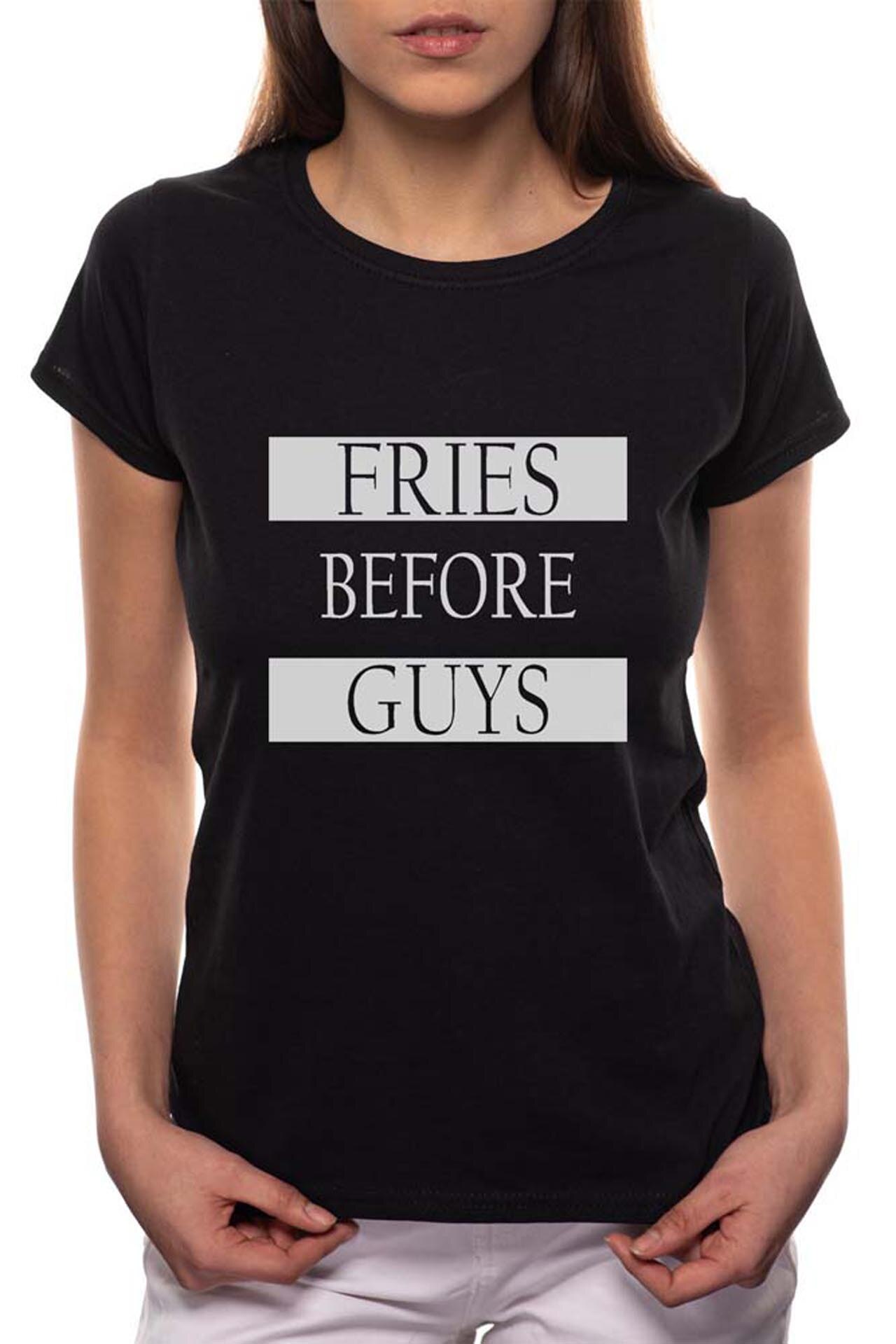 Tricou dama, Fries Before Guys, 100% Bumbac, B9, Negru