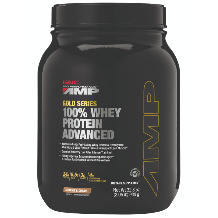 GNC AMP Gold Series 100% Whey Protein Advanced, Proteina din Zer, cu Aroma de Biscuiti si Frisca, 930 g