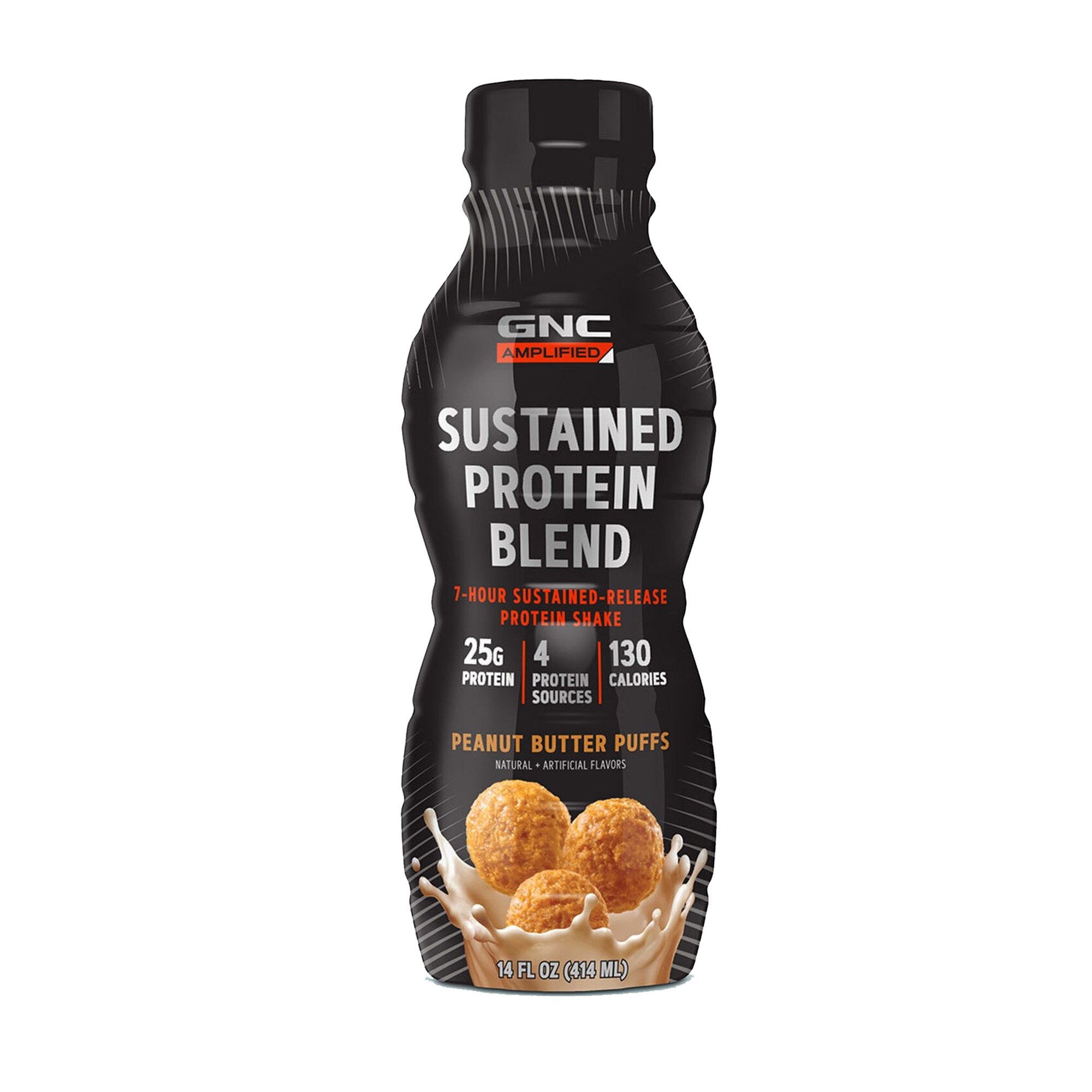 GNC AMP Sustained Protein Blend Shake Proteic RTD cu Aroma de Pufuleti cu Unt de Arahide, 414 ml