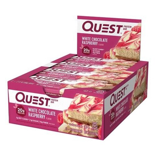 Baton Proteic Quest®, aroma de ciocolata alba si zmeura, 12 batoane x 60g