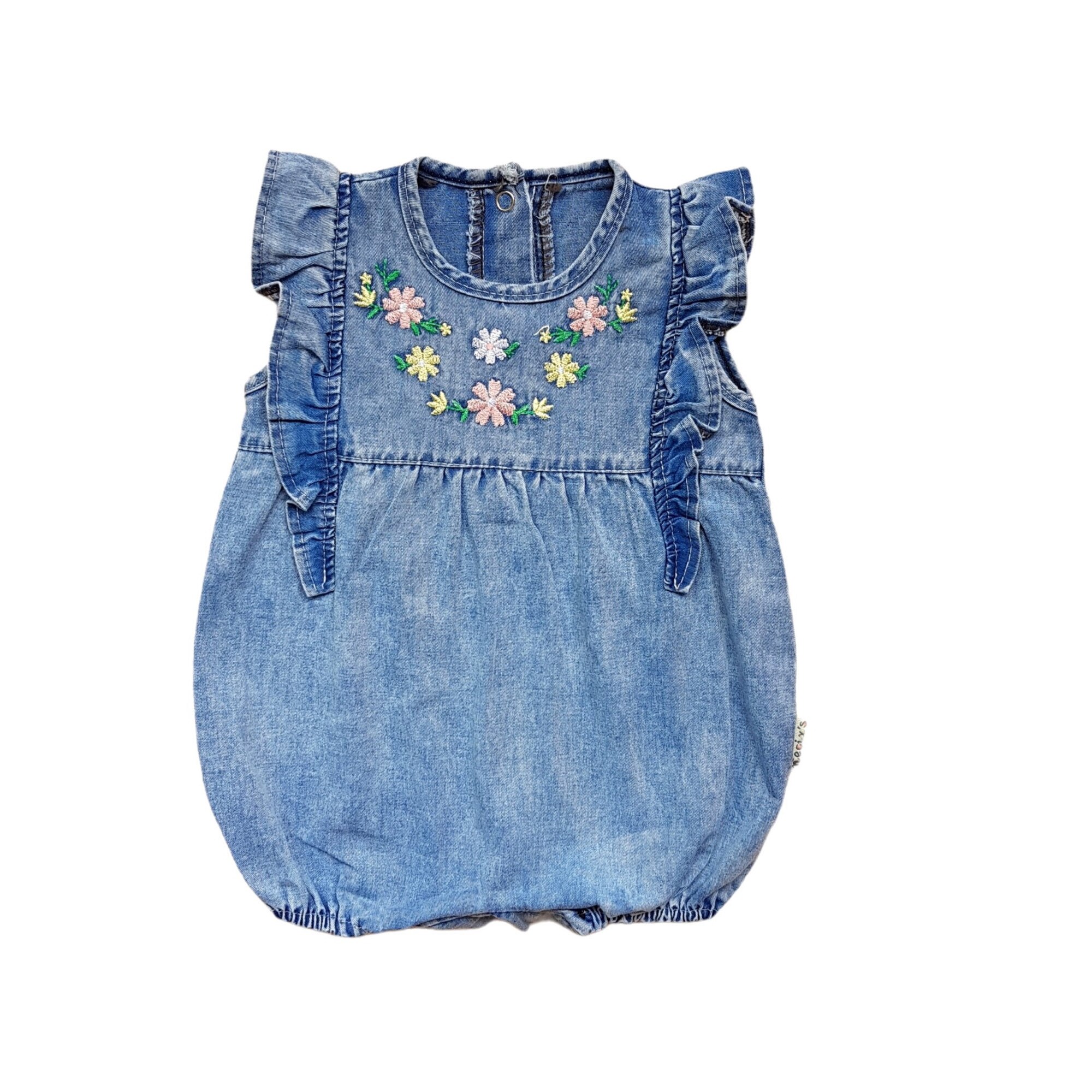 Salopeta denim de vara, model floral, varsta 6-9 luni, 74 cm, Albastru