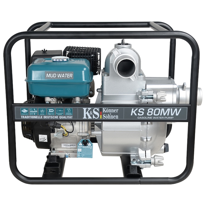 Мотопомпа KÖNNER & SÖHNEN, KS 80MW, мощност-7 к.с, дебит-1000 л/мин, напор-20 метра, бензинова, четиритактова, за мръсна вода със съдържание на твърди отпадъци до 50% и диаметър до 25,4 mm