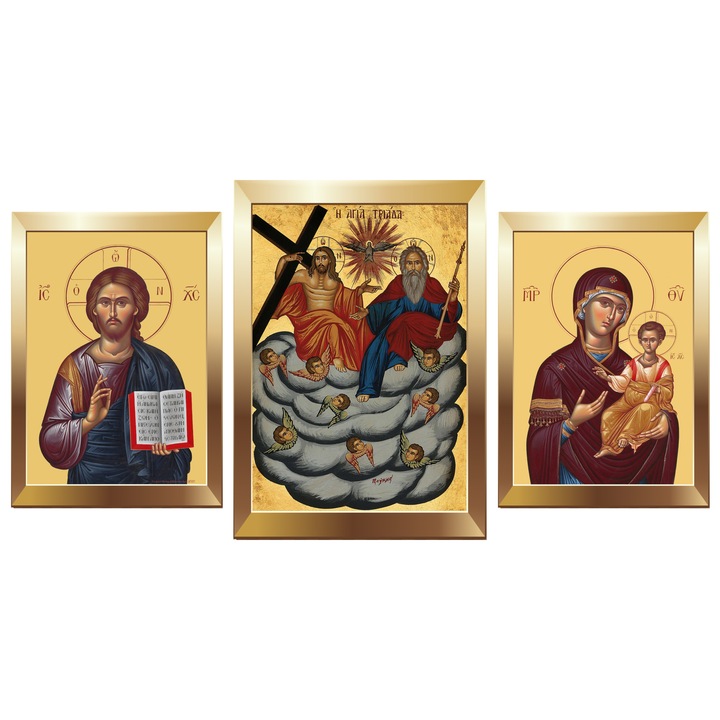 Set Icoane Canvas - 3 piese, Sfanta Treime, Iisus Hristos Pantocrator, Maica Domnului cu Pruncul Iisus Hristos, Multicolor, 85 x 160 cm
