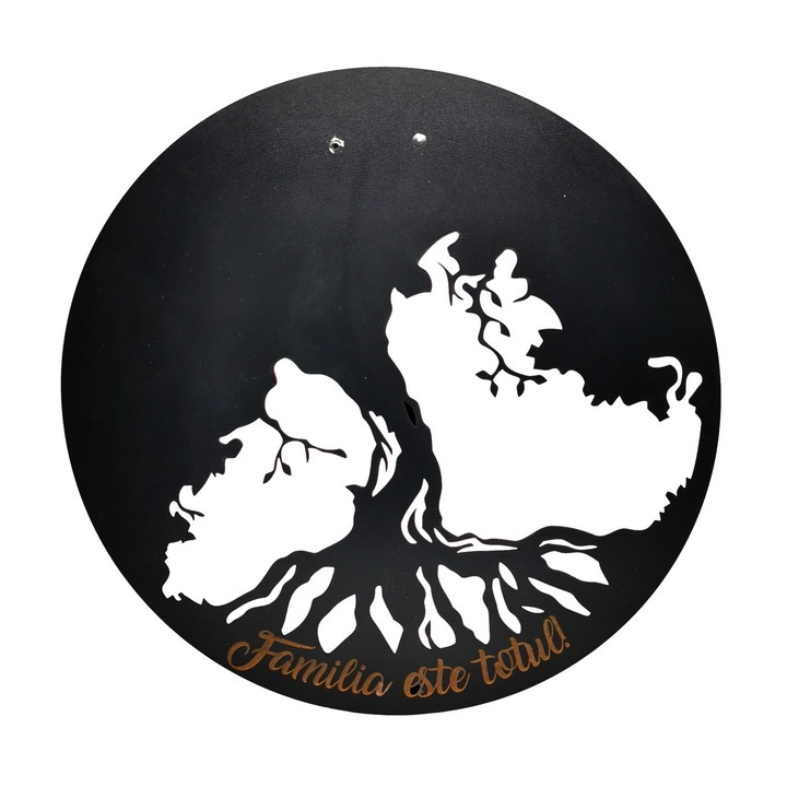 Decoratiune blank Copacul vietii din lemn gravat "Familia este totul", Negru, 40 cm
