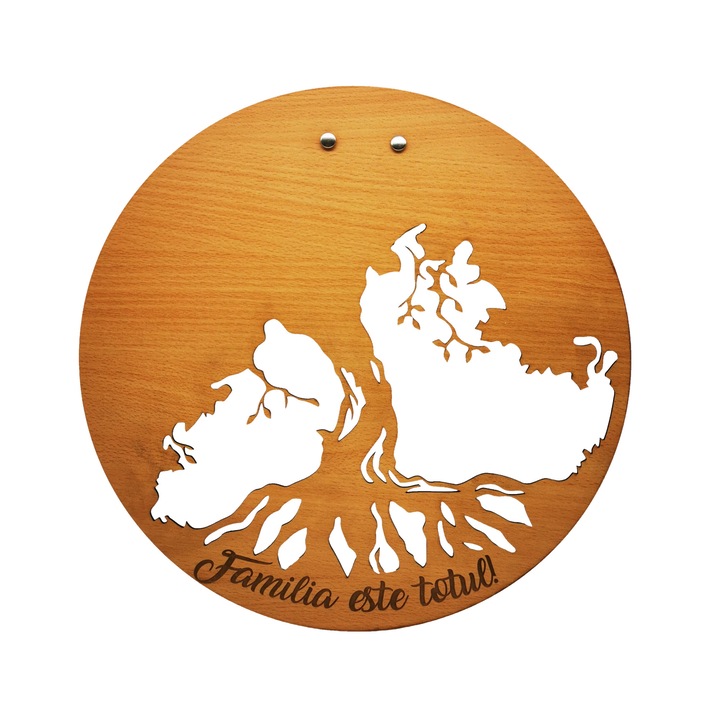 Decoratiune blank Copacul vietii din lemn gravat "Familia este totul", Fag Bavarez, 30 cm