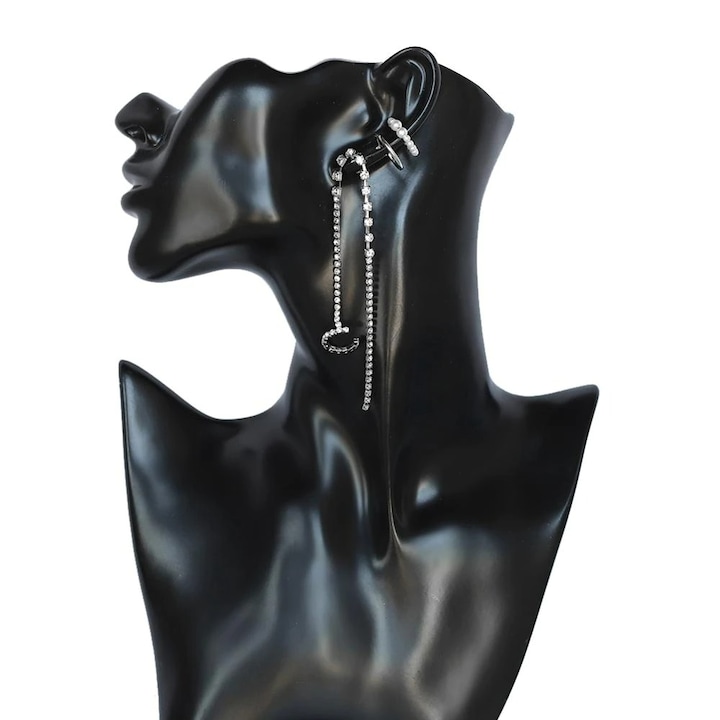 Cercei ear cuff, argintii, cu pietre si perle, Sekine C2, Pursehuit