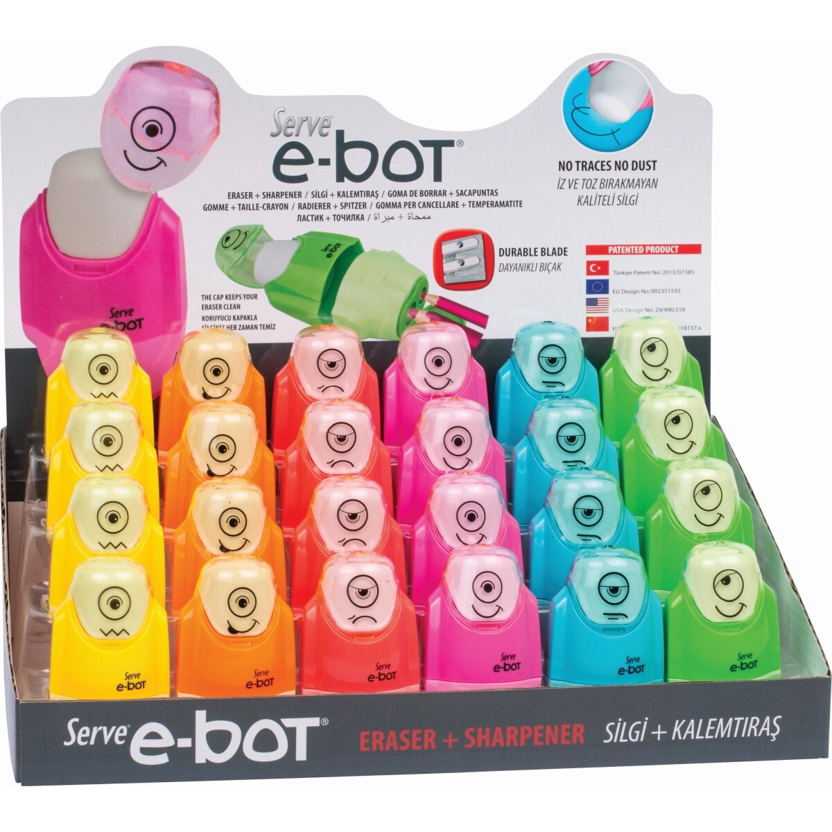 Set 24 Ascutitori E-bot combo, Radiera Inclusa, prezentare pe display expunere