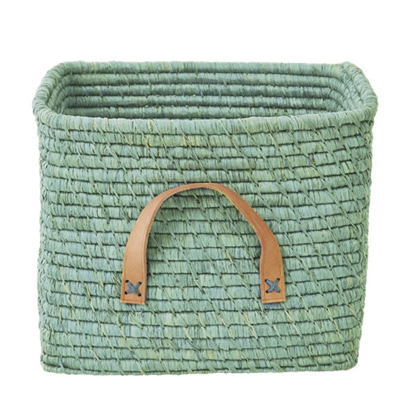 Cutie de depozitare realizata manual cu manere din piele, Rice, 30 x 30 cm, Verde menta