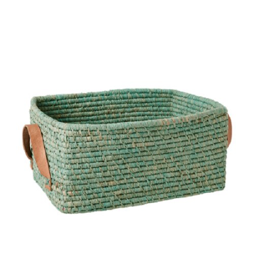 Cutie de depozitare realizata manual cu manere din piele, Rice, 16 x 32 x 23 cm, Verde menta