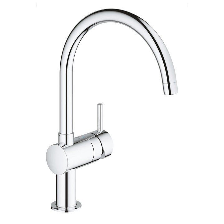 Смесител Grohe, Minta, 30345000, кухненски смесител, Grohe SilkMove 46 mm керамичен картуш, по-къса ръкохватка (71 mm), подвижен тръбен чучур, система за бърз монтаж