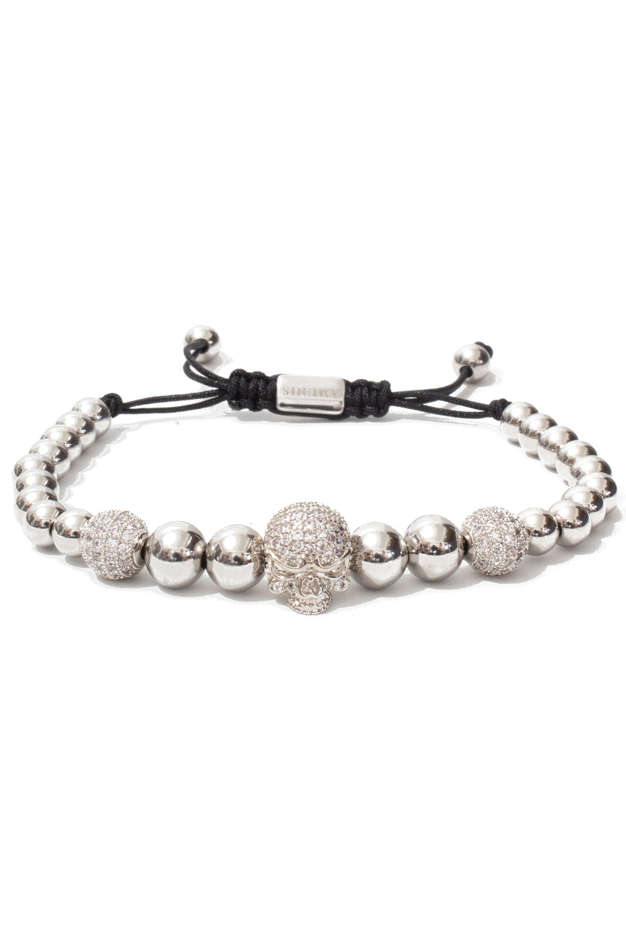Bratara craniu cu diamante, Luxury, charmuri cu diamante CZ, placata cu aur alb, reglabila, argintiu, BDAMA-199