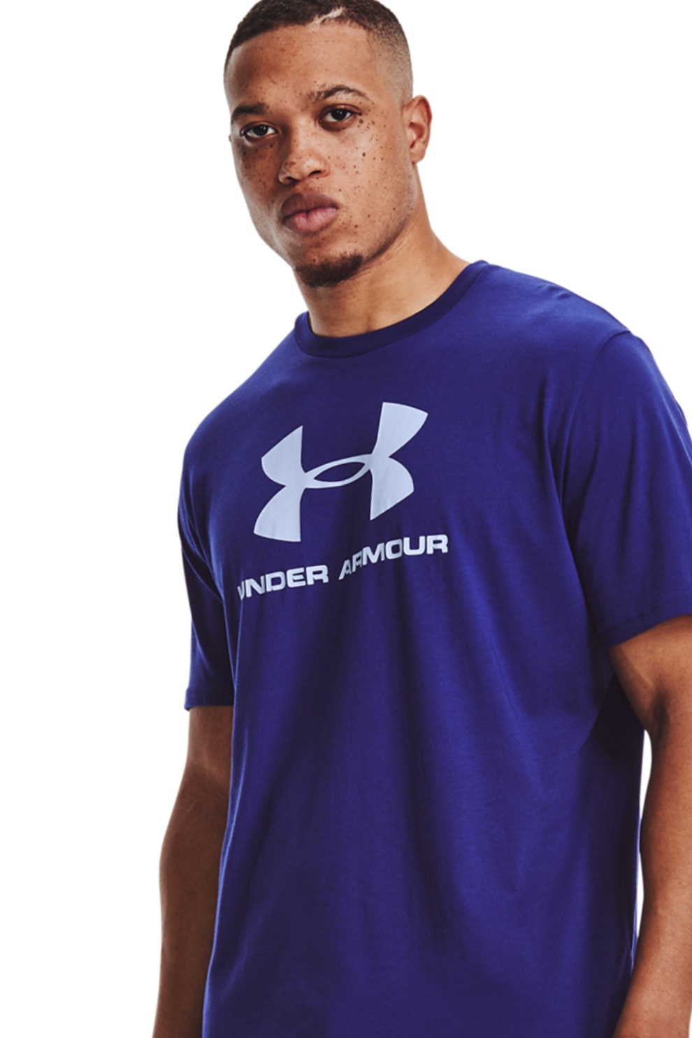 Under Armour, Tricou cu imprimeu, pentru antrenament Sportstyle, Albastru royal/Alb
