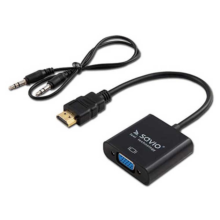 Adaptor Savio CL-23/B HDMI-VGA, cablu audio jack de 3,5 mm, negru