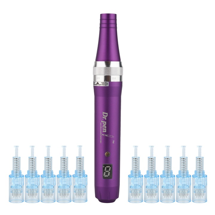 Уред за масаж на лице Dermapen 10 резервни глави с 12 титаниеви игли Dr.Pen Ultima X5-W Wireless за регенерация на кожата Лилав